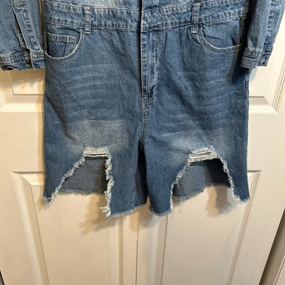 Fashion Nova Light Blue Distressed Denim Jumpsuit Romper - Picture 7 of 13